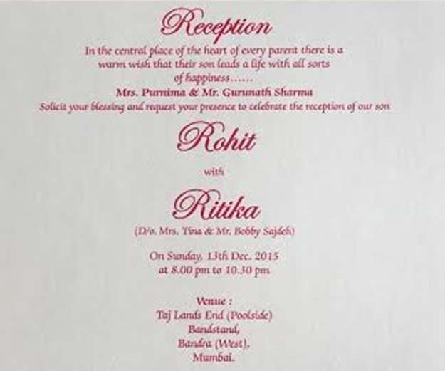 wedding card of rohit sharma
