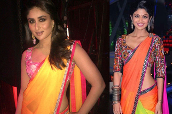 haldi ceremony outfit ideas for brides and bridesmaids kareena kapoor shilpa shetty saree with phulkari printed blouse