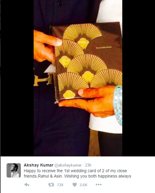 Actor Akshay Kumar Receives First Card Of Asin And Rahul Sharmaââ¬â¢s Wedding, Shares The Card Online