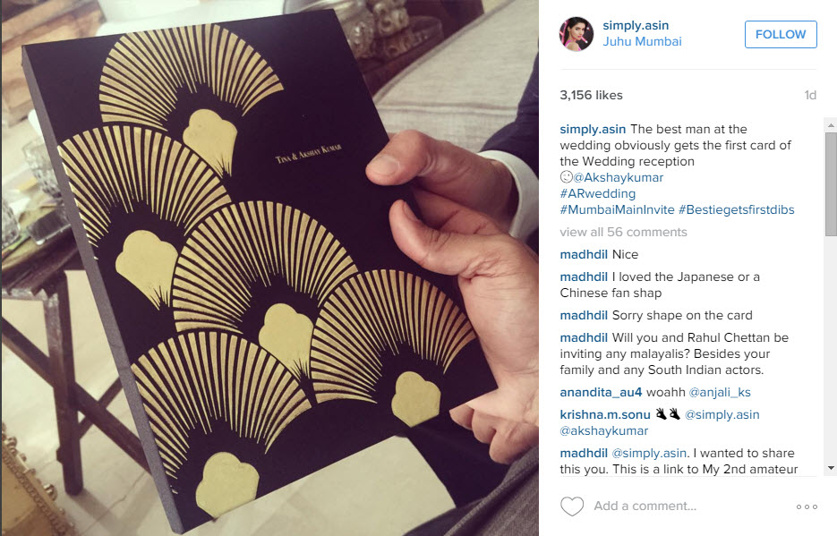 Actor Akshay Kumar Receives First Card Of Asin And Rahul Sharmaââ¬â¢s Wedding, Shares The Card Online