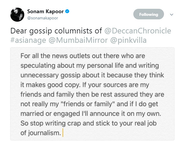 Sonam Kapoor Tweet