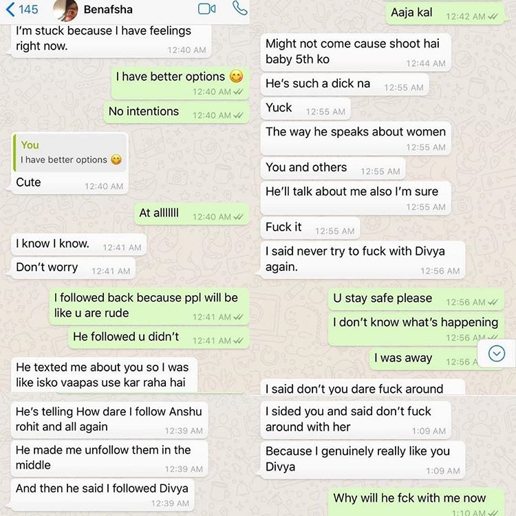 Divya and Benafsha WhatsApp conversation 