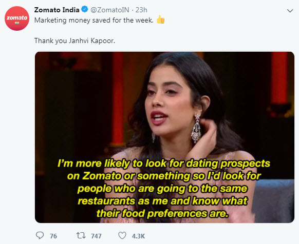 Janhvi Kapoor Zomato's tweet