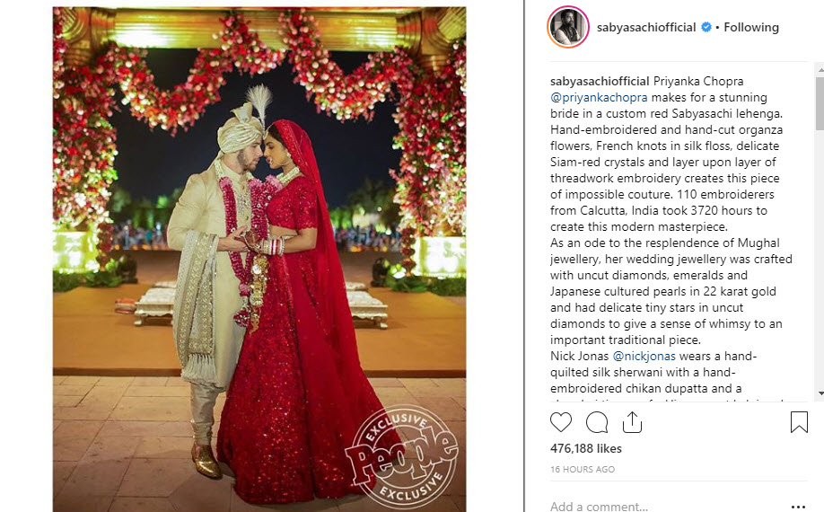 Priyanka and Nick Sabyasachi outfits