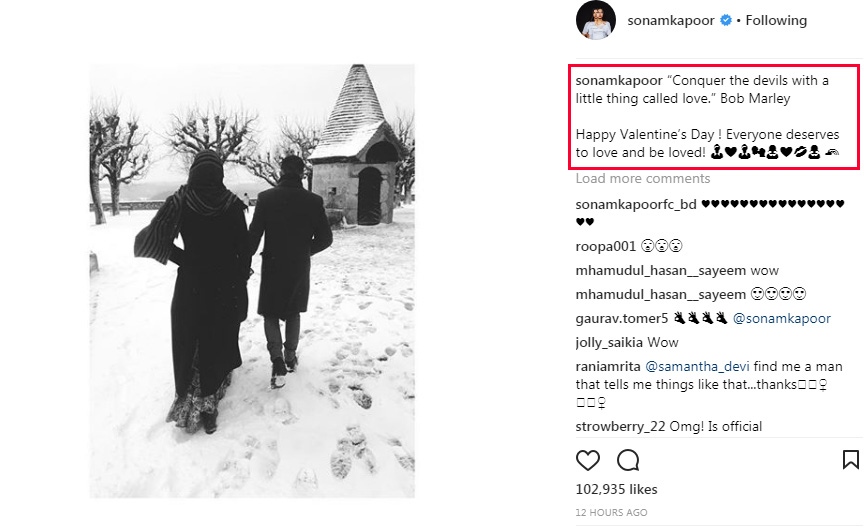 Sonam Kapoor Valentine's Day Message For Anand Ahuja