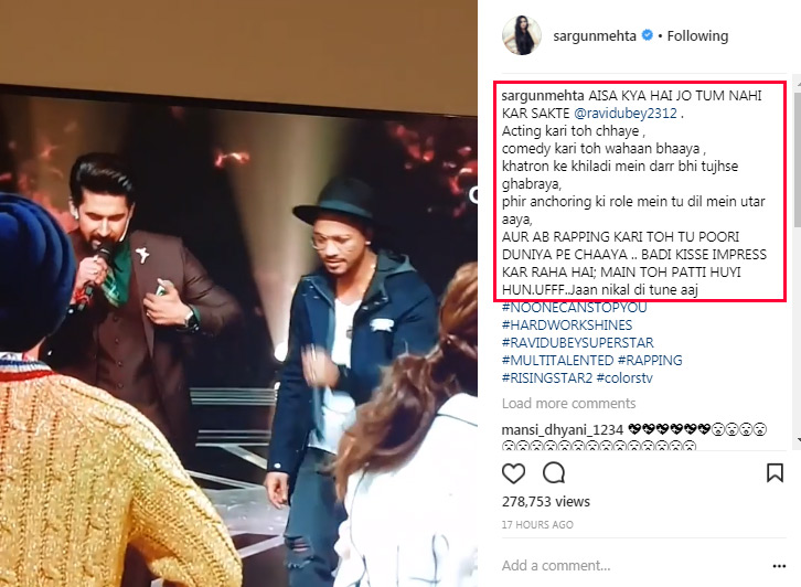 Sargun Insta Story Showcasing Ravi Dubey's New Talent