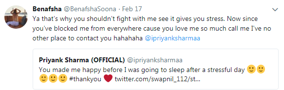 Benafsha's Tweet To Priyank On Their Recent Fight