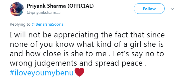  Priyank's Reply On Benafsha's Tweet On Their Recent Fight