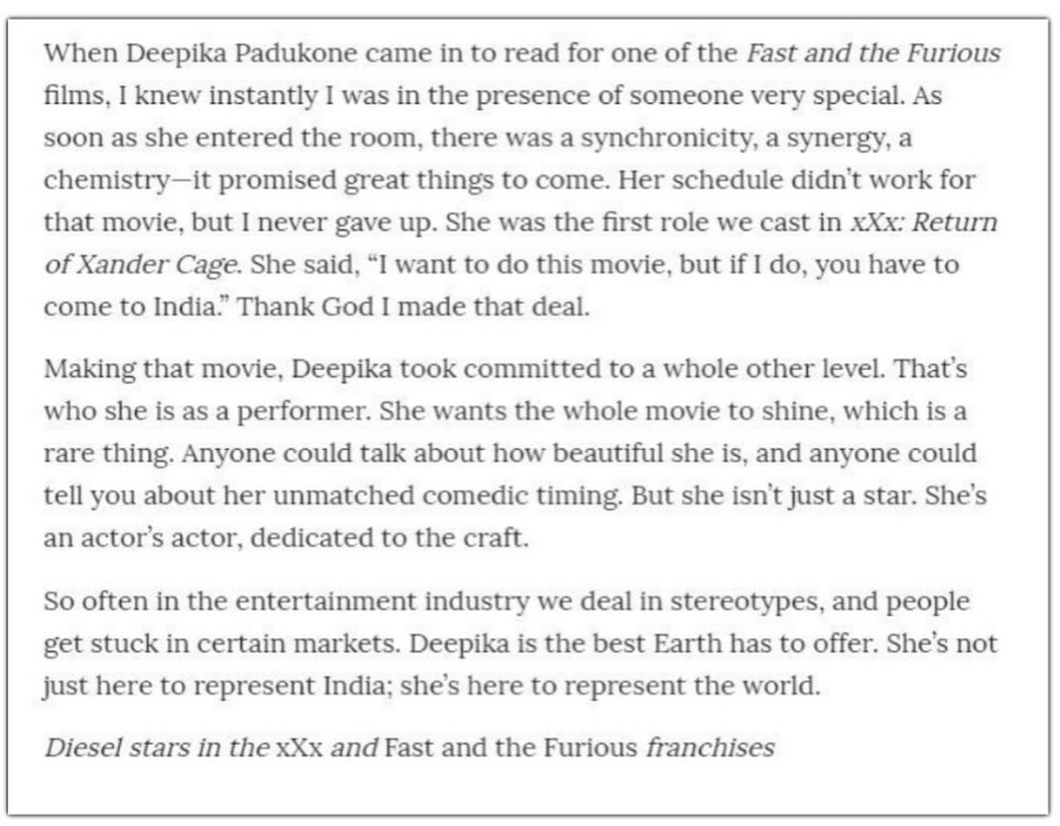 Vin Diesel on Deepika Padukone