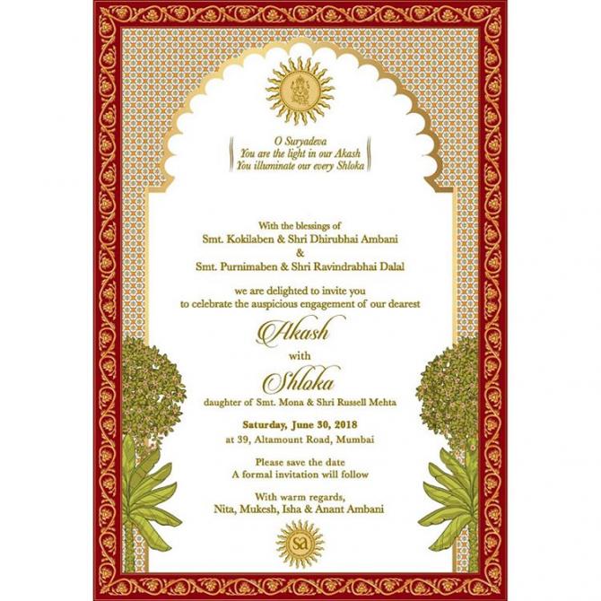 Akash Ambani And Shloka Mehta Engagement Card