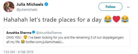 Anushka Sharma and Julia Michaels twitter