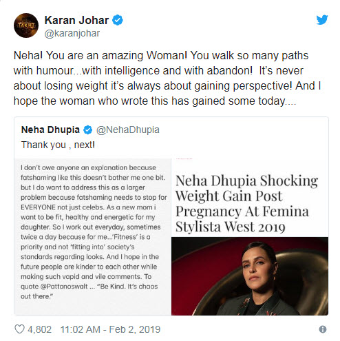 Karan Johar Tweet for supporting Neha Dhupia