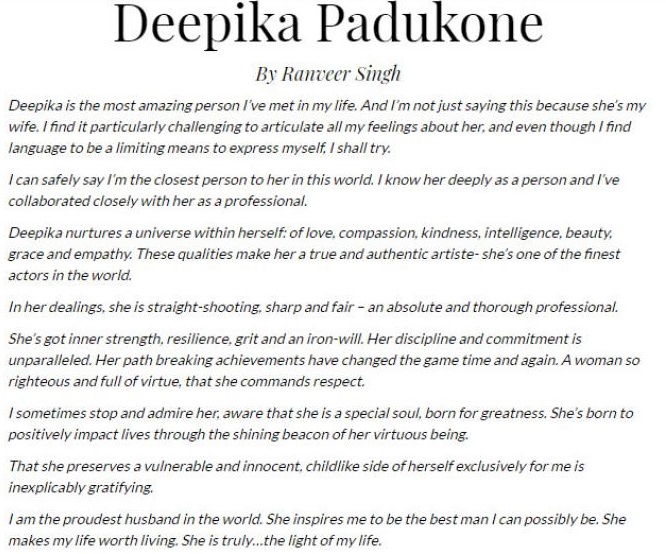 Ranveer's letter for Deepika