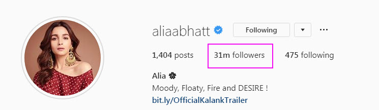Alia Bhatt followers on Instagram