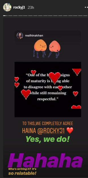 Rocky Jaiswal and Hina Khan Instagram stories