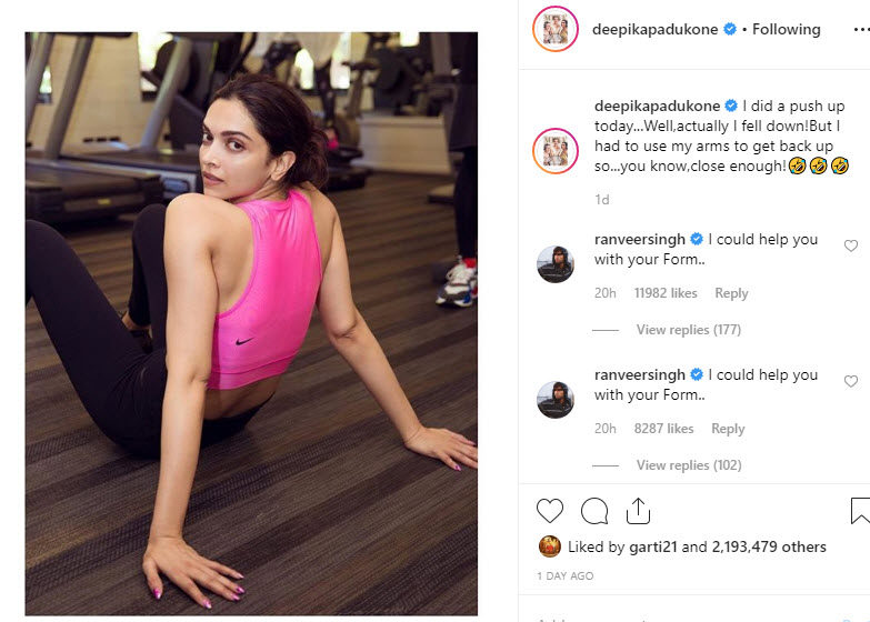 Ranveer Singh's comments on Deepika Padukone's workout posts