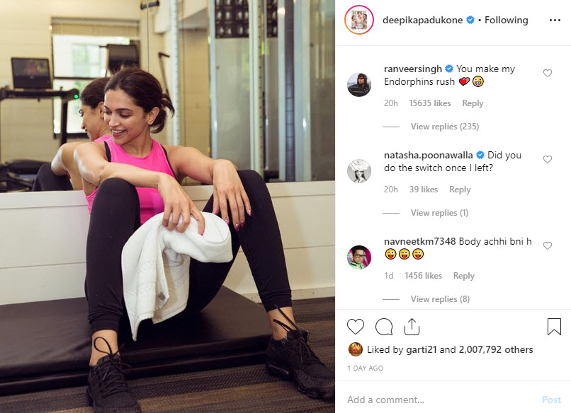 Ranveer Singh's comments on Deepika Padukone's workout posts