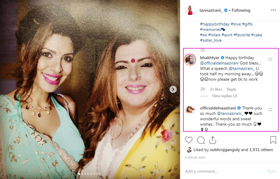 Delnaaz Irani birthday wish from tanazz