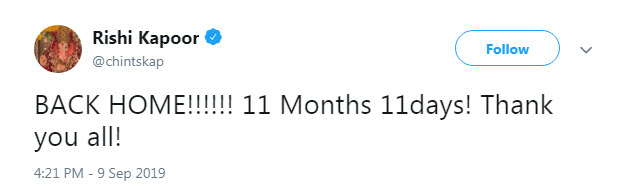 Rishi Kapoor comeback tweet