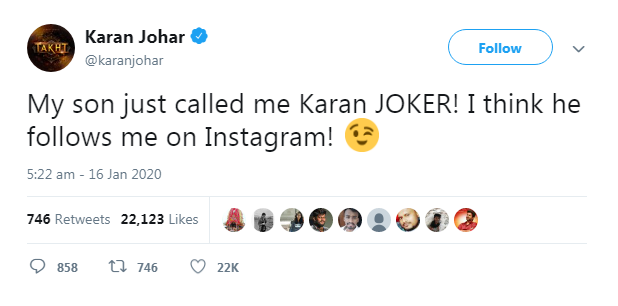 takht director Karan Johar tweet son yash johar
