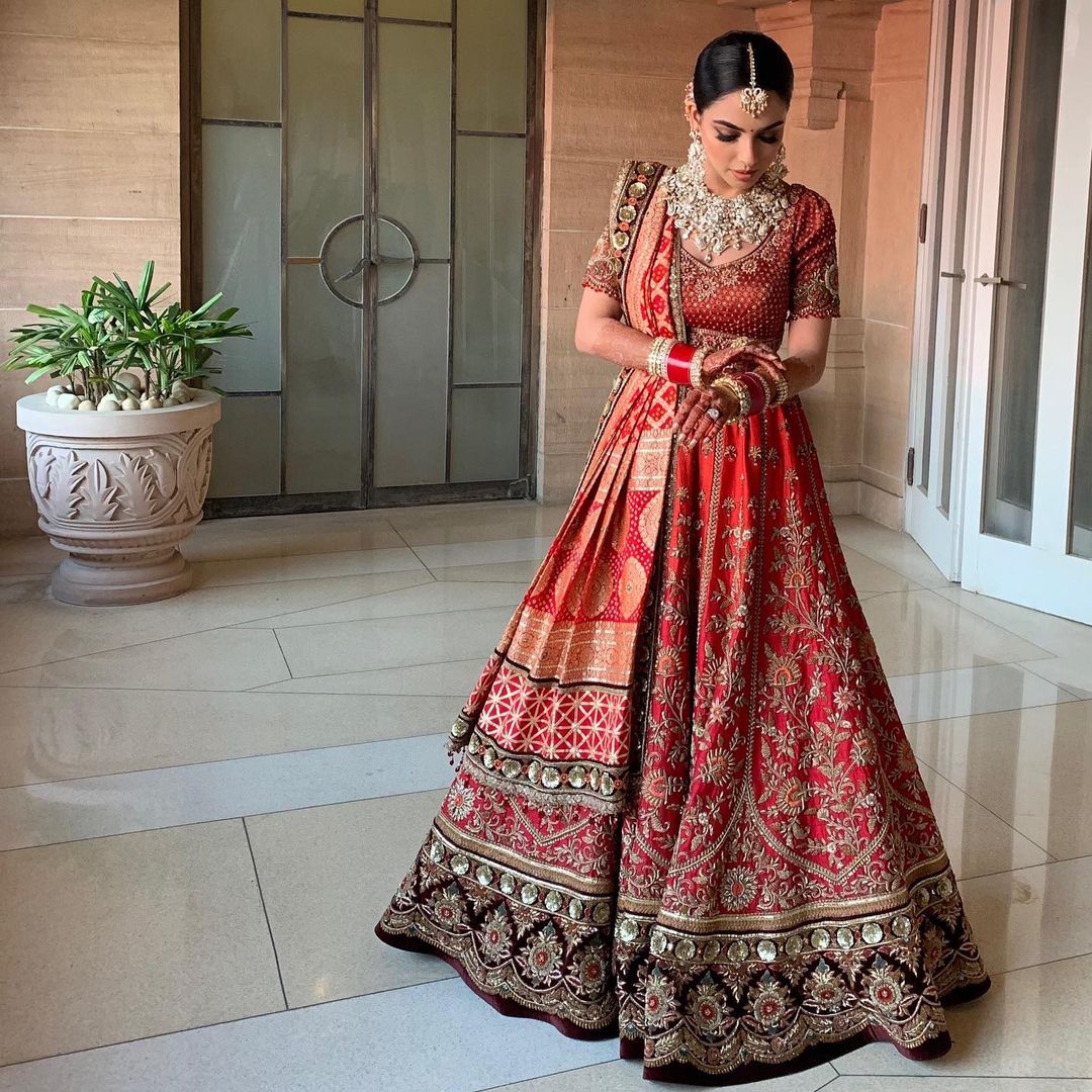 Tarun Tahiliani Bride Stunned In A Cherry Red Lehenga With Gold Threads ...