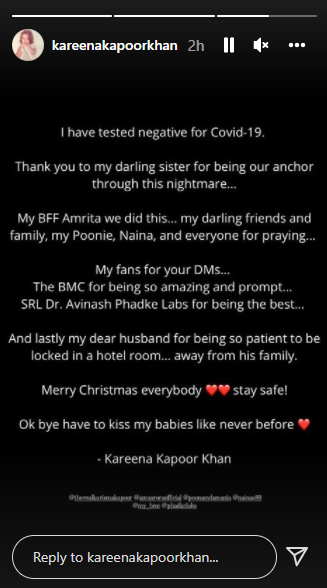 Kareena kapoor khan tests negative for covid 19 omicron