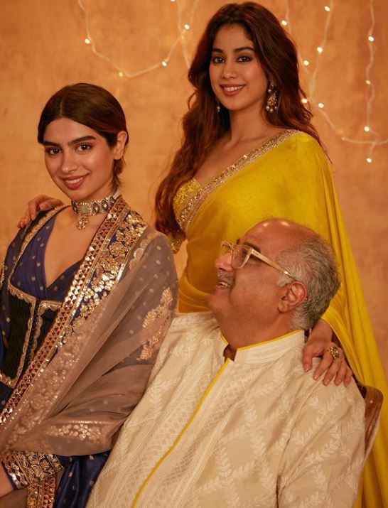 Janhvi Kapoor and Khushi Kapoor with their father