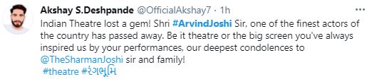 Sharman Joshi Father Gujarati Theatre Arvind Joshi Dies Paresh Rawal Sholay