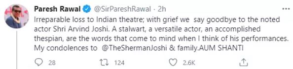 Sharman Joshi Father Gujarati Theatre Arvind Joshi Dies Paresh Rawal Sholay