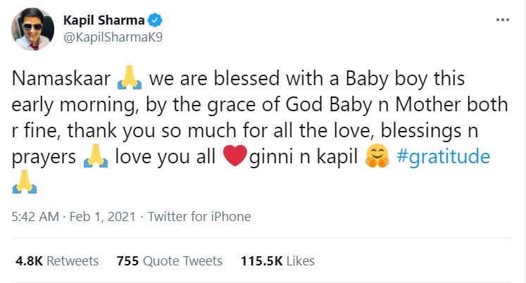 Kapil Sharma Baby Announcement Tweet