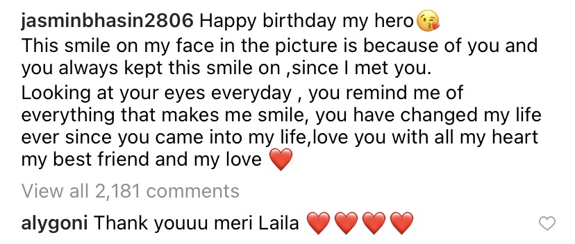 Aly Goni Birthday Wish Jasmin