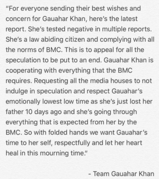 'Tandav' actress, Gauahar Khan's team issued an official statement in response to BMC's FIR against the actress for violating norms and going out for a film's shooting despite being COVID-19 positive.