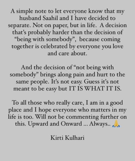 Kirti Kulhari separation note husband Saahil Sehgal