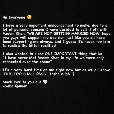 Saba Qamar Cancels Wedding With Azeem Khan