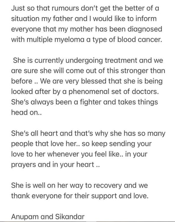 Anupam Kher and Sikandar Kher confirm Kirron Kher Cancer