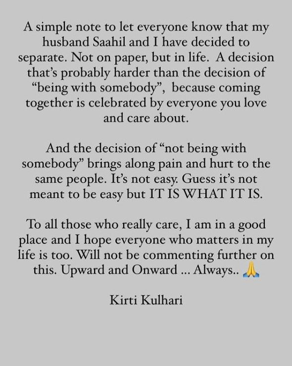 Kirti Kulhari announces separation