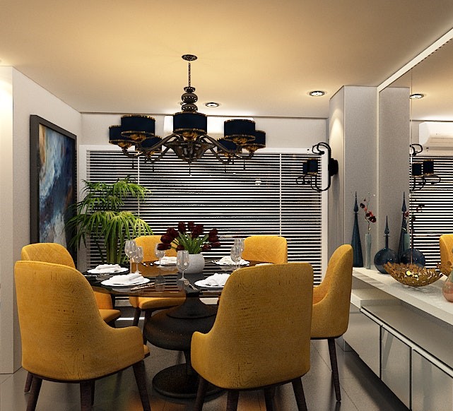 The vibrant chairs and the chandelier make the dining area lively