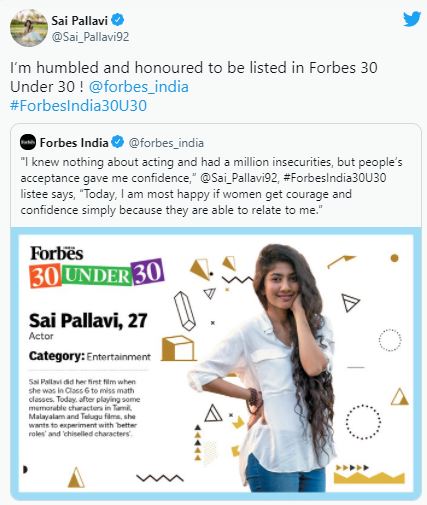 Sai Pallavi Forbes List 30 under 30