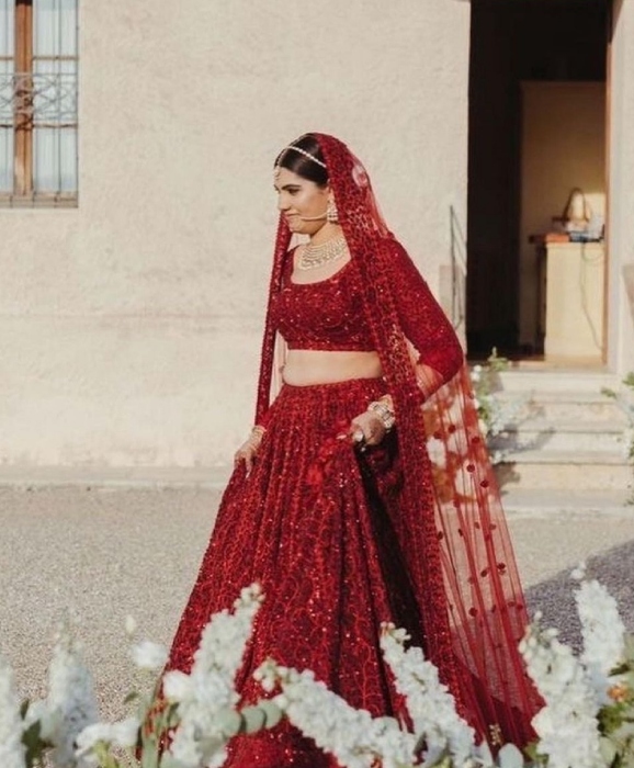 red embellished lehenga