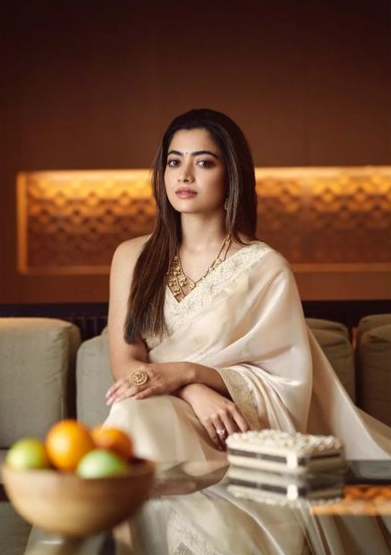 Rashmika Mandanna's beige-coloured saree