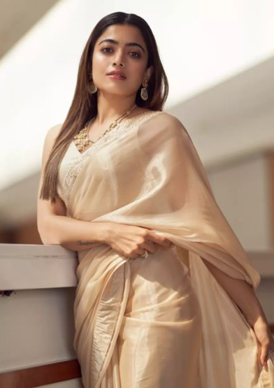 Rashmika Mandanna's beige-coloured saree