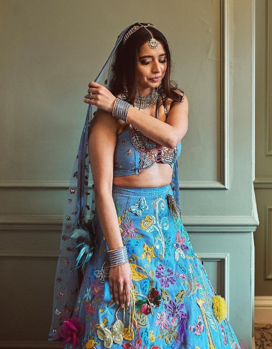bride who wore denim lehenga designed by her father