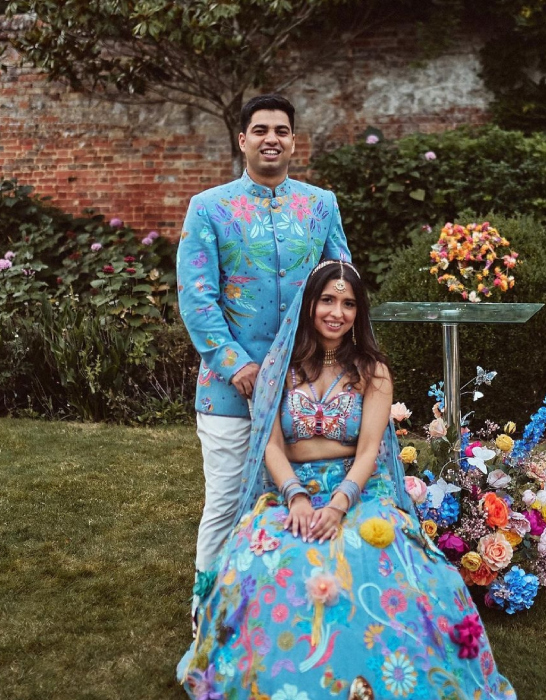bride who wore denim lehenga designed by her father