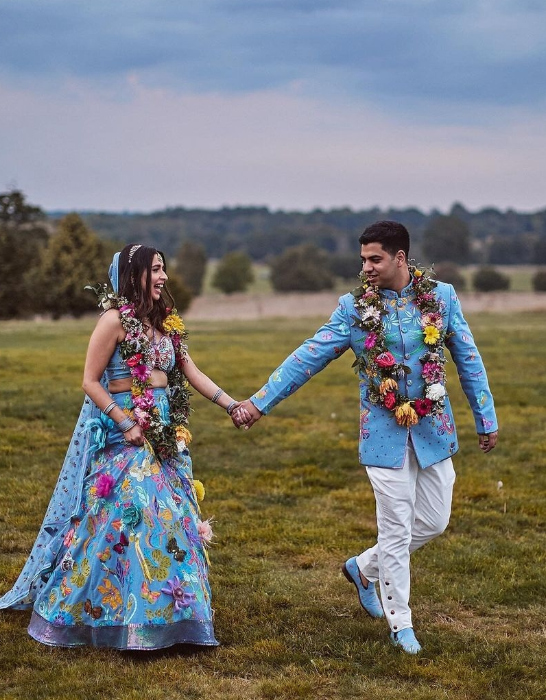 bride who wore denim lehenga designed by her father