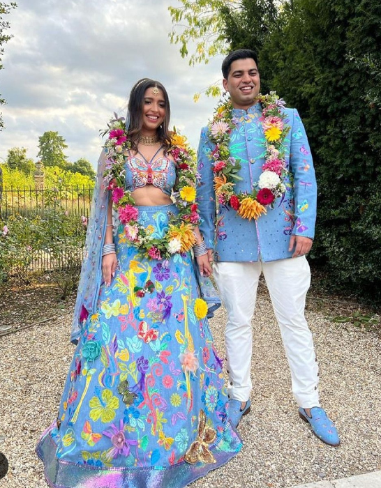 bride who wore denim lehenga designed by her father