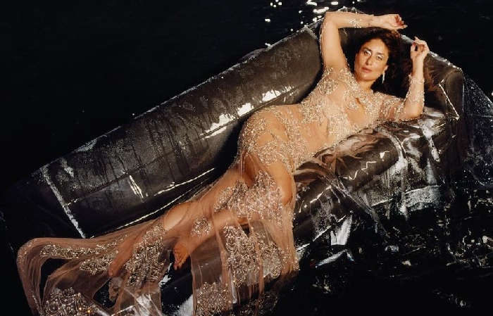 kareena kapoor flaunts curves in a see through gilded gown from manish malhotra's collection on the dirty magazine cover
