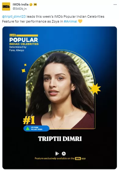 Triptii Dimri Becomes IMDb's Most Popular Celebrity, Here's The