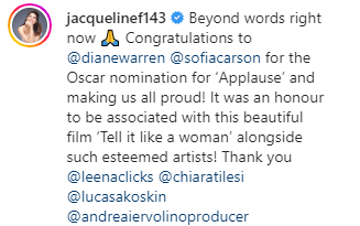 Tell It Like a Woman Jacqueline Fernandez Song Applause Nominated Best Original Song Oscars