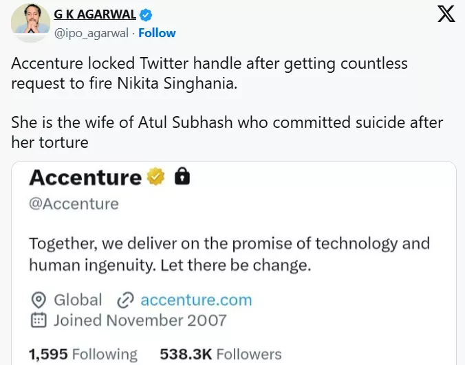 Netizens urge Accenture to fire Nikita Singhania after her husband, Atul Subhash, committed suicide due to her alleged blackmailing and harassment