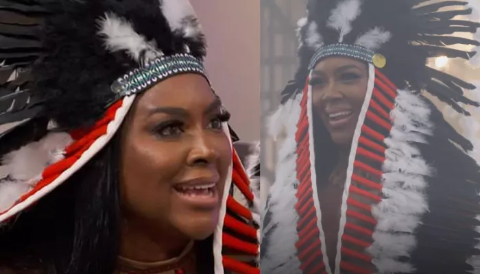 Kenya Moore in a Native American headdress costume